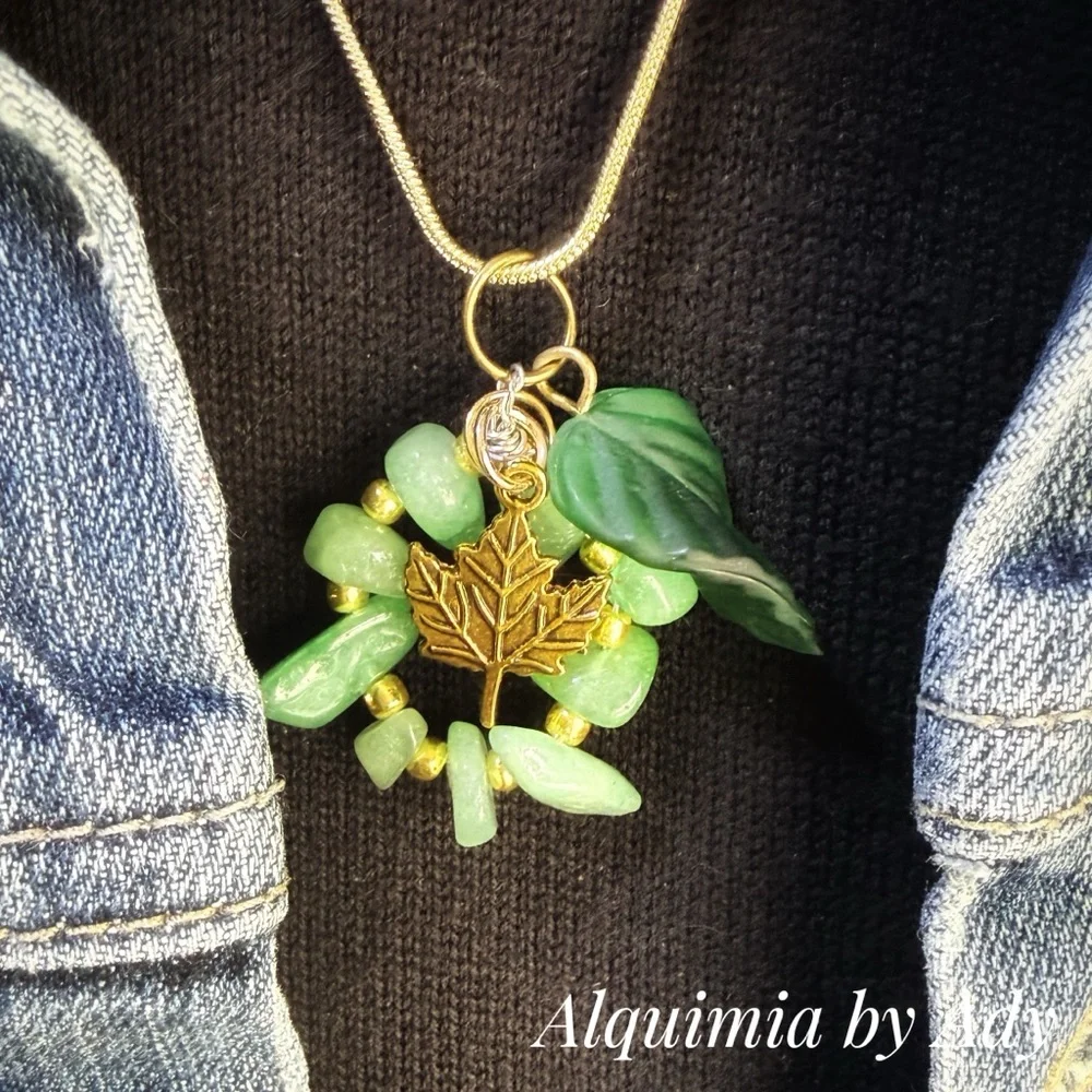 Boho-Vintage Gold and Green aventurine gemstones Leaf charms Necklace